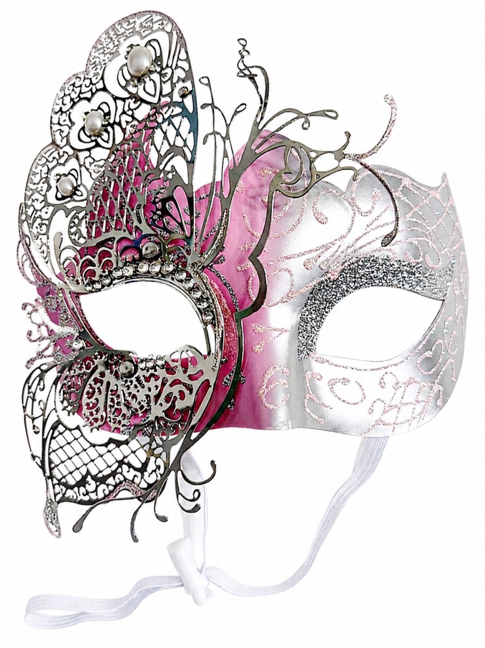 Pink Silver Venetian Masquerade Mask Butterfly Filigree Rhinestone Pearl - Picture 2 of 7